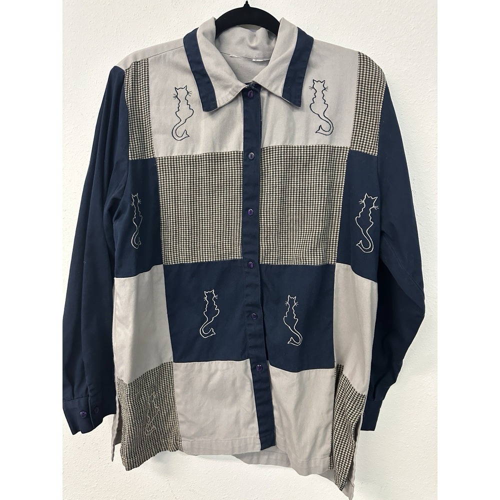 Vtg Cat Stitch Patchwork Houndstooth Button Down Shirt Blue Long Sleeve Medium
